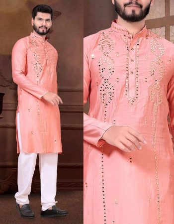 DESIGNER VISCOSE MIRROR WORK MEN'S KURTA WITH PAYJAMA PEACH