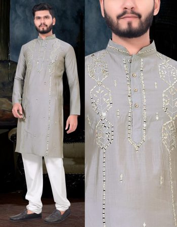 DESIGNER VISCOSE MIRROR WORK MEN'S KURTA WITH PAYJAMA GREY