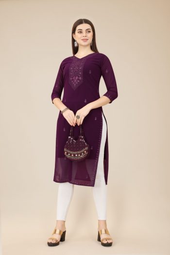 FORMAL WEAR GEORGETTE EMBROIDERY WORK READY TO WEAR ONLY KURTI PURPLE