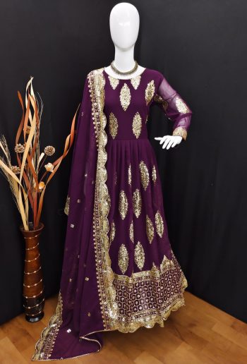 HEAVY GEORGETTE EMBROIDERY SEQUENCE DESIGN WORK GOWN  BOTTOM WITH DUPATTA WINE