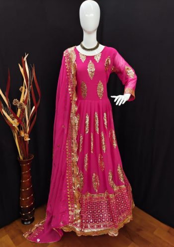 HEAVY GEORGETTE EMBROIDERY SEQUENCE DESIGN WORK GOWN  BOTTOM WITH DUPATTA PINK