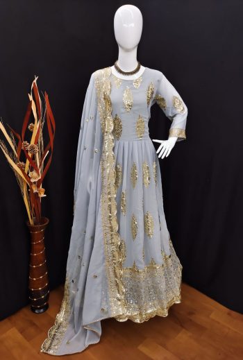 HEAVY GEORGETTE EMBROIDERY SEQUENCE DESIGN WORK GOWN  BOTTOM WITH DUPATTA GREY