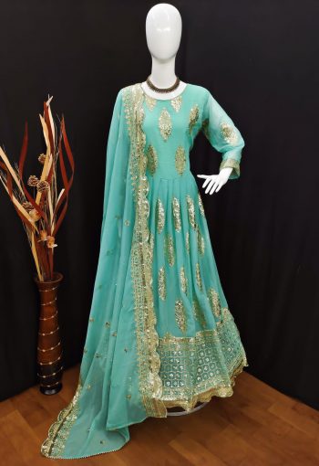 HEAVY GEORGETTE EMBROIDERY SEQUENCE DESIGN WORK GOWN  BOTTOM WITH DUPATTA SEA GREEN