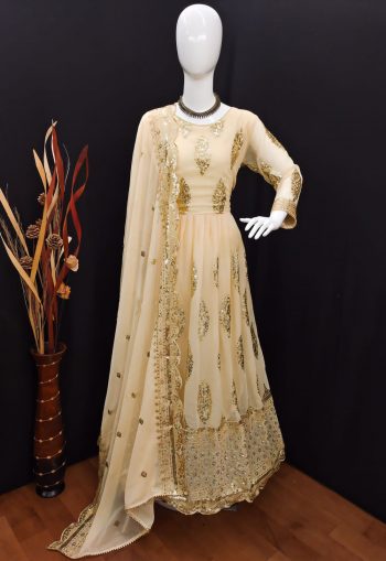 HEAVY GEORGETTE EMBROIDERY SEQUENCE DESIGN WORK GOWN  BOTTOM WITH DUPATTA CREAM