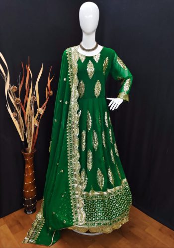 HEAVY GEORGETTE EMBROIDERY SEQUENCE DESIGN WORK GOWN  BOTTOM WITH DUPATTA GREEN