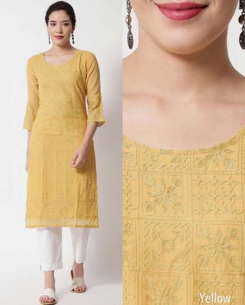 DESIGNER GEORGETTE LUCKNOWI CHICKENKARI KURTI YELLOW