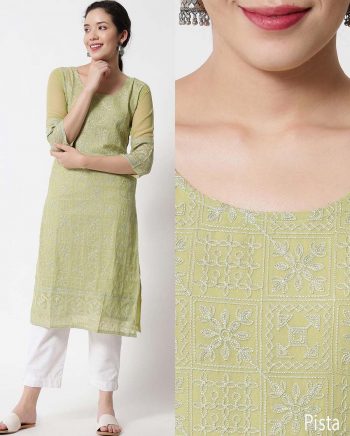DESIGNER GEORGETTE LUCKNOWI CHICKENKARI KURTI PISTA
