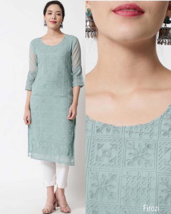 DESIGNER GEORGETTE LUCKNOWI CHICKENKARI KURTI SEA GREEN