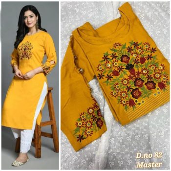 TRENDING RAYON EMBROIDERY WORK KURTI WITH PALAZZO MUSTARD
