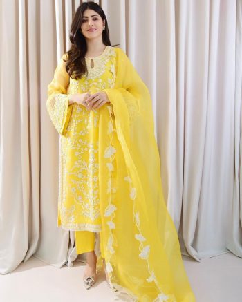 DESIGNER GEORGETTE EMBROIDERY WORK NAYRA CUT KURTI  BOTTOM WITH DUPATTA YELLOW