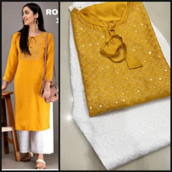 FASHIONABLE RAYON SEQUENCE WORKKURTI WITH PALAZZO YELLOW