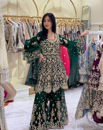 FASHIONABLE NET EMBROIDERY WORK TOP SHARARA WITH DUPATTA GREEN