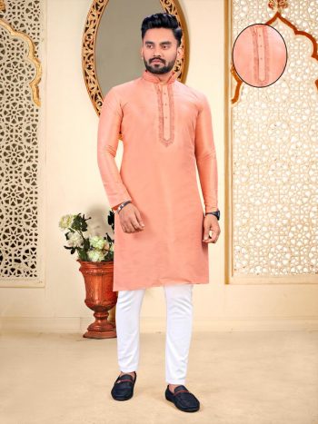 DESIGNER COTTON SILK EMBROIDERY WORK MENS KURTA WITH PAJAMA ORANGE