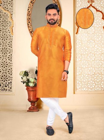 DESIGNER COTTON SILK EMBROIDERY WORK MENS KURTA WITH PAJAMA  MUSTARD