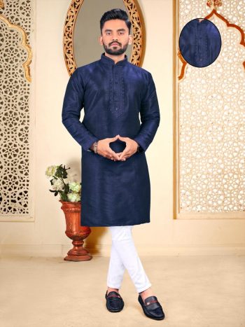 DESIGNER COTTON SILK EMBROIDERY WORK MENS KURTA WITH PAJAMA NAVY BLUE