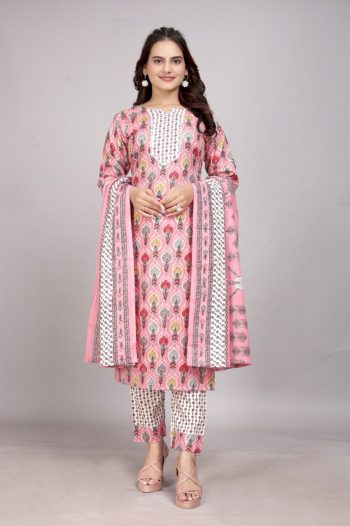 FANCY COTTON BLEND FOIL PRINTED TOP BOTTOM WITH DUPATTA PINK