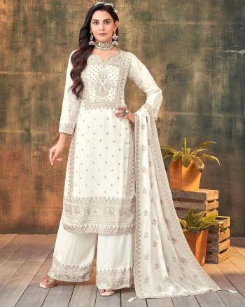 LATEST CHINON SILK EMBROIDREY SEQUENCE WORK TOP PALAZZO WITH DUPATTA WHITE
