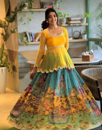 TRENDING CHINON SILK DIGITAL PRINTED CRUSH PATTERN TOP WITH LEHENGA SKY