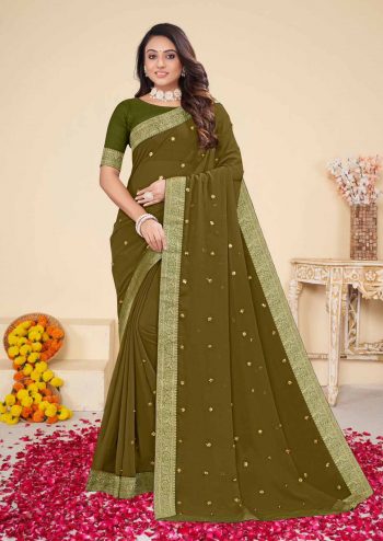 PARTY WEAR GEORGETTE DIAMOND WORK SAREE WITH UNSTITCHED BLOUSE PISTA