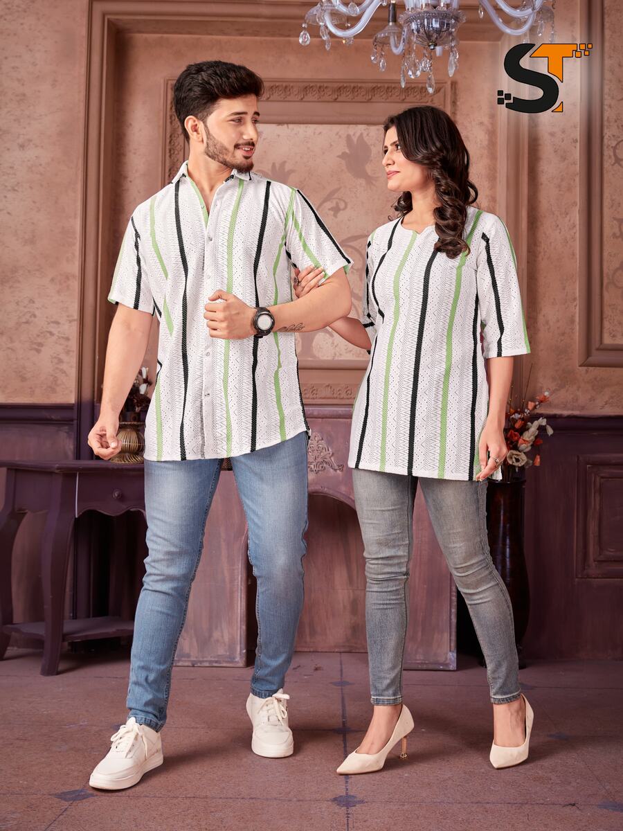 2DESIGNER COTTON PRINT WORK MENS SHIRT WITH LADIES KURTI COUPLE WEAR WHOLESALE PRICE ETHNIC GARMENT (39)