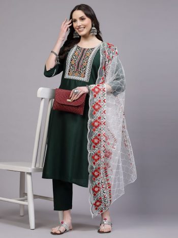 FANCY VISCOSE RAYON EMBROIDERY SEQUENCE WORK TOP BOTTOM WITH DUPATTA GREEN