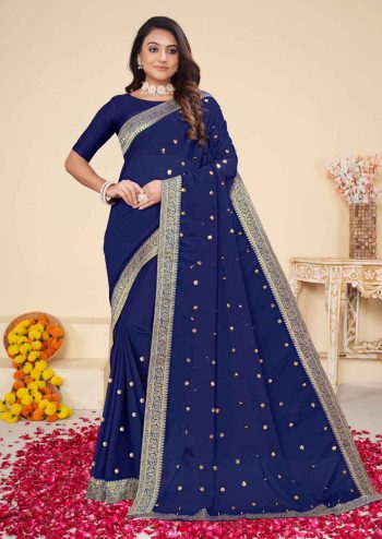 PARTY WEAR GEORGETTE DIAMOND WORK SAREE WITH UNSTITCHED BLOUSE NEVY BLUE