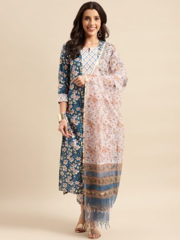 ATTRACTIVE COTTON BLEND PRINTED TOP BOTTOM WITH DUPATTA SKY
