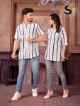 DESIGNER COTTON PRINT WORK MENS SHIRT WITH LADIES KURTI COUPLE WEAR WHITE