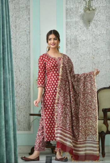 ATTRACTIVE COTTON BLEND PRINTED TOP BOTTOM WITH DUPATTA RED