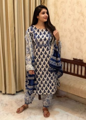 ATTRACTIVE COTTON BLEND PRINTED TOP BOTTOM WITH DUPATTA BLUE