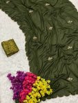 ATTRACTIVE CHINON HANDWORK PEARL DESIGN WORK SAREE WITH UNSTITCHED BLOUSE DARK OLIVE