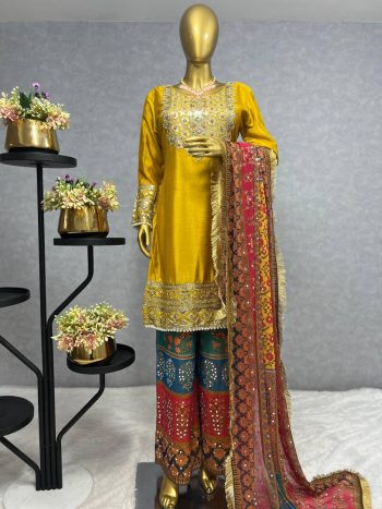 ATTRACTIVE CHINON SILK EMBROIDERY WITH SEQUENCE WORK TOP PALAZZO WITH DUPATTA YELLOW