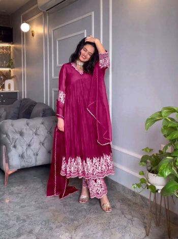 ATTRACTIVE CHINON SILK EMBROIDERY WORK GOWN PALAZZO WITH DUPATTA PINK