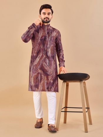 ATTRACTIVE COTTON FOIL PRINT WORK MENS KURTA PAJAMA BROWN
