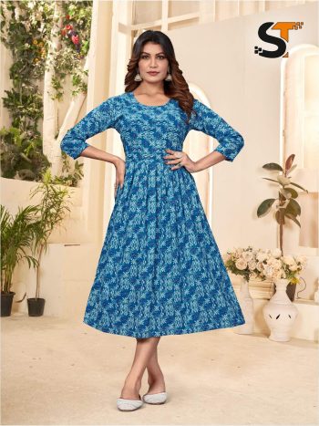 ATTRACTIVE COTTON PRINT WORK ONE PIECE BLUE