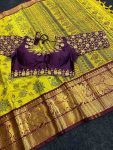 ATTRACTIVE COTTON PRINT WORK SAREE WITH READY MADE BLOUSE YELLOW