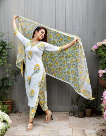 ATTRACTIVE COTTON PRINT WORK TOP BOTTOM WITH DUPATTA YELLOW