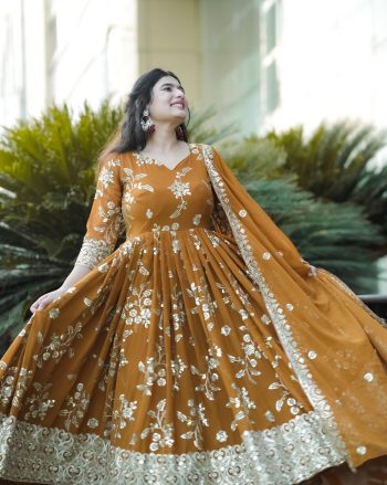 ATTRACTIVE GEORGETTE EMBROIDERY AND SEQUENCE WORK GOWN PANT WITH DUPATTA YELLOW