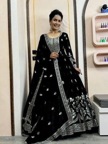 ATTRACTIVE GEORGETTE EMBROIDERY SEQUENCE WORK GOWN BOTTOM WITH DUPATTA BLACK