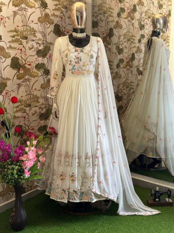 ATTRACTIVE GEORGETTE EMBROIDERY THREAD AND SEQUENCE WORK GOWN PANT WITH DUPATTA WHITE