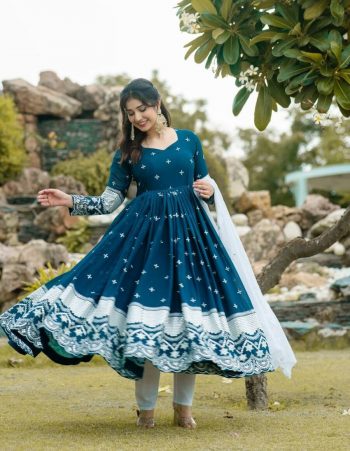 ATTRACTIVE GEORGETTE EMBROIDERY WORK  GOWN PANT WITH DUPATTA  BLUE