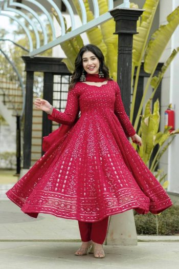 ATTRACTIVE GEORGETTE EMBROIDERY WORK  GOWN PANT WITH DUPATTA PINK