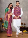 ATTRACTIVE COTTON PLAIN MEN'S KURTA PAJAMA WITH JACQUARD WORK KOTI AND JACQUARD SILK WEAVING WORK SAREE WITH UNSTITCHED BLOUSE COUPLE COMBO WINE
