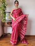 ATTRACTIVE LINEN DIGITAL PRINT WITH SILVER BORDER WORK SAREE WITH UNSTITCHED BOLUSE PARTY WEAR WHOLESALE PRICE ETHNIC GARMENT (26)