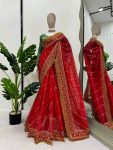 ATTRACTIVE ORGANZA SILK THREAD AND SEQUENCE WORK SAREE WITH UNSTITCHED BLOUSE FESTIVAL WEAR WHOLESALE PRICE ETHNIC GARMENT (14)