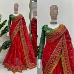 ATTRACTIVE ORGANZA SILK THREAD AND SEQUENCE WORK SAREE WITH UNSTITCHED BLOUSE FESTIVAL WEAR WHOLESALE PRICE ETHNIC GARMENT (14)