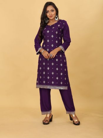 ATTRACTIVE RAYON EMBROIDERY SEQUENCE WORK KURTI PANT PURPLE