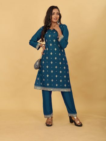ATTRACTIVE RAYON EMBROIDERY SEQUENCE WORK KURTI PANT SKY