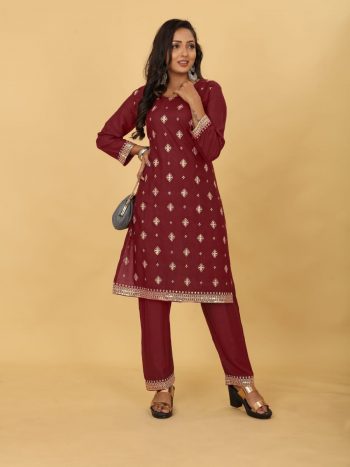 ATTRACTIVE RAYON EMBROIDERY SEQUENCE WORK KURTI PANT MAROON