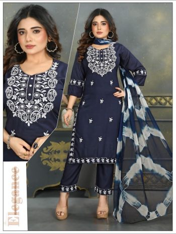 ATTRACTIVE RAYON EMBROIDERY WORK KURTI PANT WITH DUPATTA NAVY BLUE